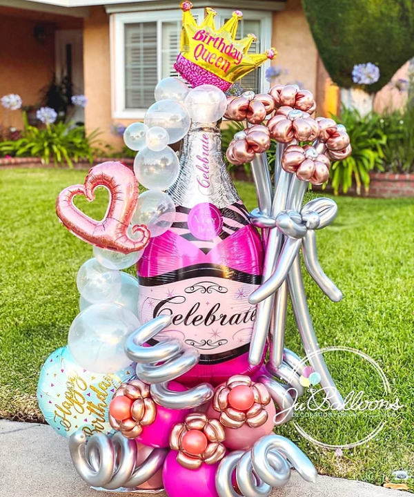 Birthday Queen Pink Bottle Celebrate Balloon Bouquet